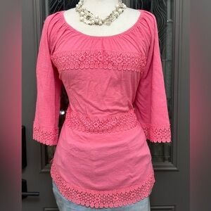Avenue Pink 3/4 Sleeve with Crochet Details Women's Top